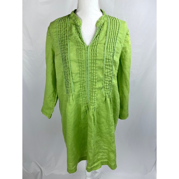 J. Jill Tops - J. Jill XL Green Pleated Tunic Top 100% Linen 3/4 Sleeve Boho